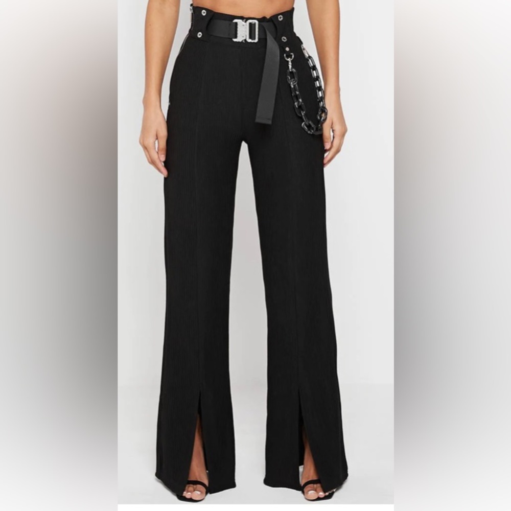 NWT Maniere de Voir Ribbed Wide Leg Trousers with Chain - Black